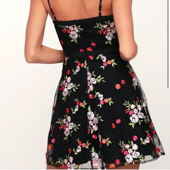 Lulus favorite fleur black mesh embroidered floral skater dress a line size XS - Picture 2 of 7